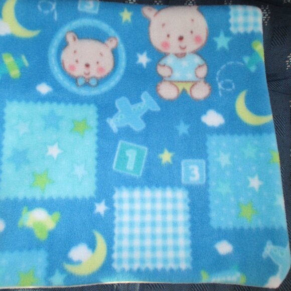Baby blanket Fleece Blue Teddy Bear Airplanes moon stars 2 layer soft nap blanky - Picture 2 of 4